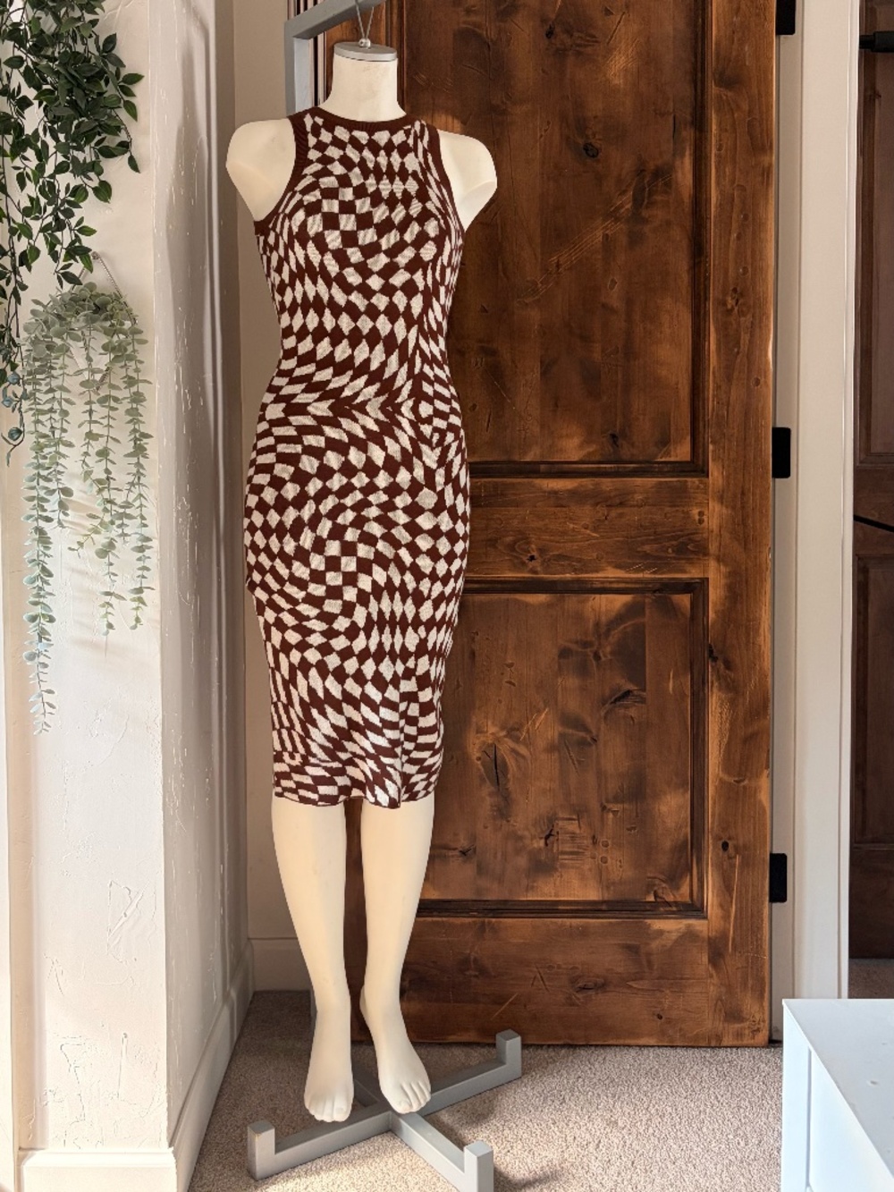 Wild Fable Brown & Cream Checkered Knit Bodycon Dress – Size XS